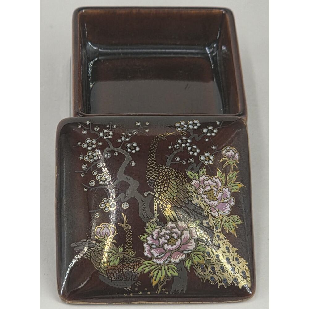 ASAHI trinket Ring Box Jewelry Ceramic Vintage Small 2.75 X 2.75 X 1.5 Peacock